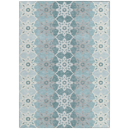 8' X 10' Aqua And Teal Blue Floral Medallion Washable Indoor Outdoor Area Rug