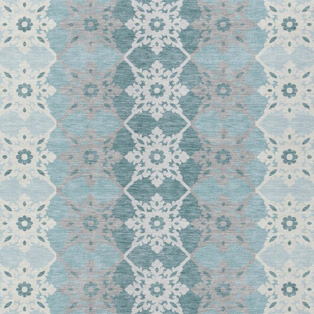 8' X 10' Aqua And Teal Blue Floral Medallion Washable Indoor Outdoor Area Rug