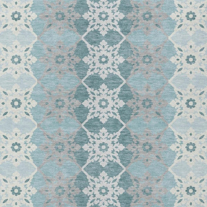 8' X 10' Aqua And Teal Blue Floral Medallion Washable Indoor Outdoor Area Rug