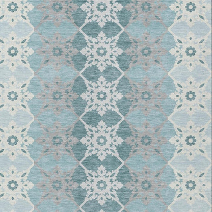 8' X 10' Aqua And Teal Blue Floral Medallion Washable Indoor Outdoor Area Rug