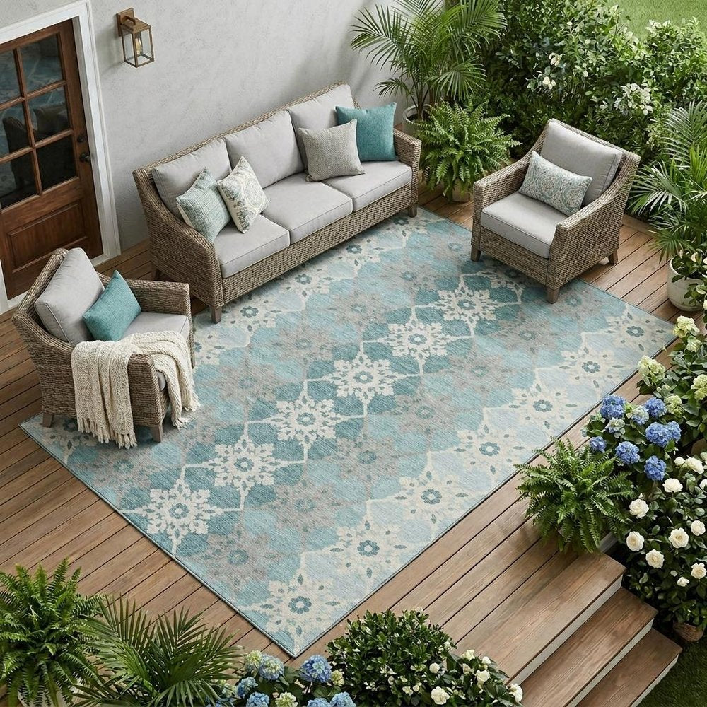 8' X 10' Aqua And Teal Blue Floral Medallion Washable Indoor Outdoor Area Rug — view 5
