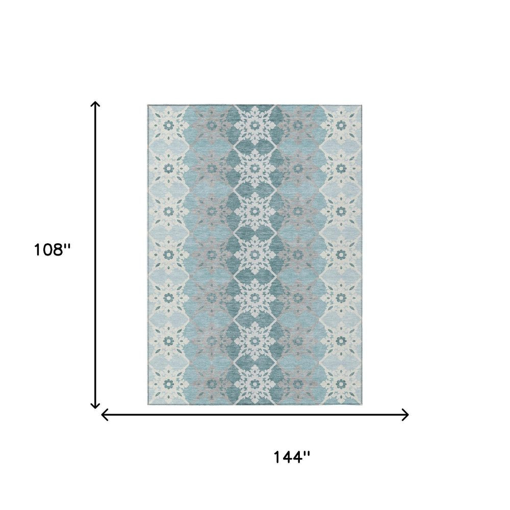 9' X 12' Aqua And Teal Blue Floral Medallion Washable Indoor Outdoor Area Rug — view 4