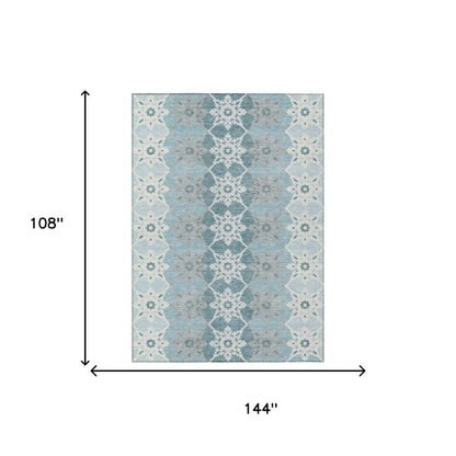 9' X 12' Aqua And Teal Blue Floral Medallion Washable Indoor Outdoor Area Rug HomeRoots