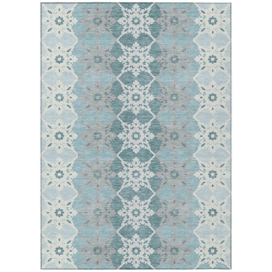 9' X 12' Aqua And Teal Blue Floral Medallion Washable Indoor Outdoor Area Rug