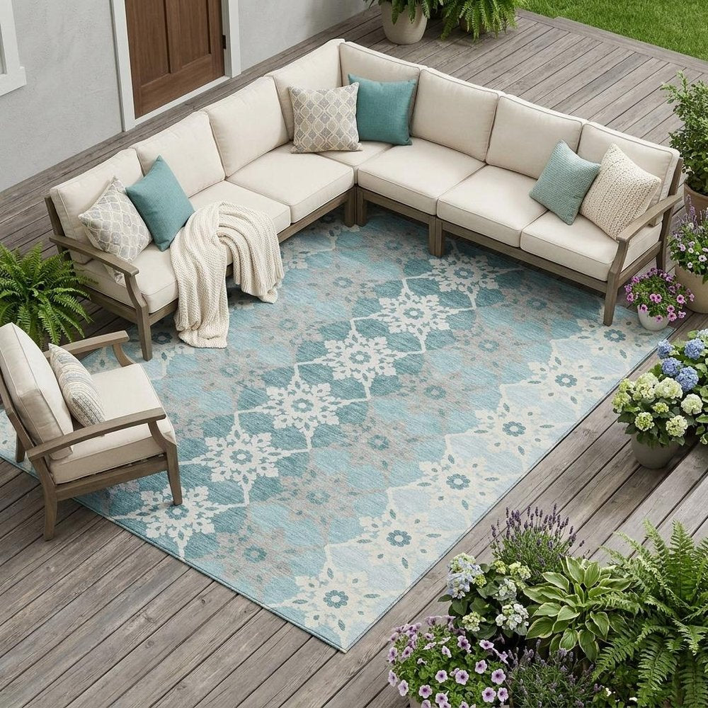 9' X 12' Aqua And Teal Blue Floral Medallion Washable Indoor Outdoor Area Rug — view 5