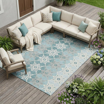 9' X 12' Aqua And Teal Blue Floral Medallion Washable Indoor Outdoor Area Rug HomeRoots