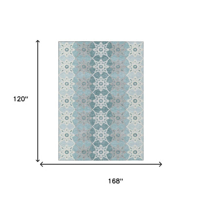 10' X 14' Aqua And Teal Blue Floral Medallion Washable Indoor Outdoor Area Rug HomeRoots