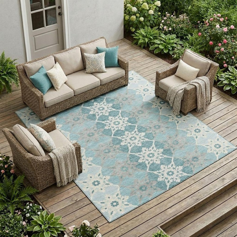 10' X 14' Aqua And Teal Blue Floral Medallion Washable Indoor Outdoor Area Rug — view 5