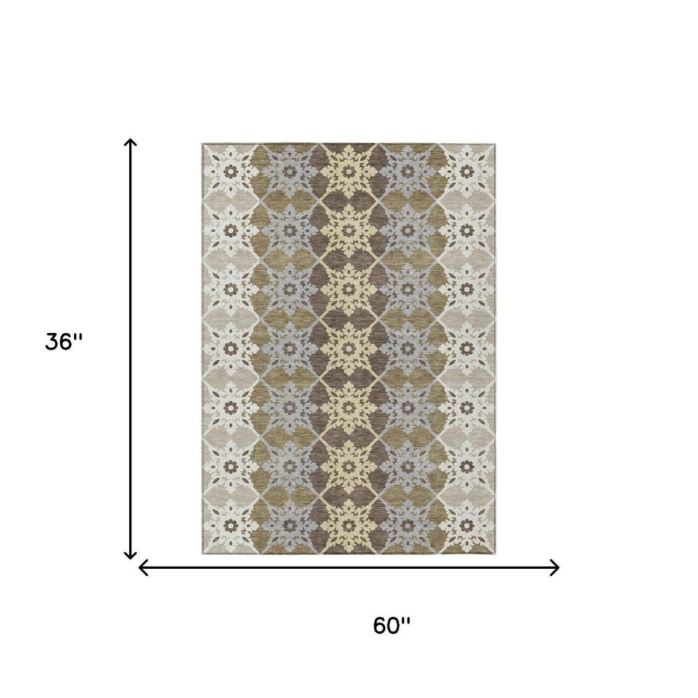 3' X 5' Brown And Pewter Floral Medallion Washable Indoor Outdoor Area Rug — view 4