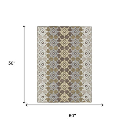 3' X 5' Brown And Pewter Floral Medallion Washable Indoor Outdoor Area Rug HomeRoots