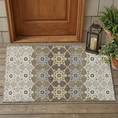 3' X 5' Brown And Pewter Floral Medallion Washable Indoor Outdoor Area Rug HomeRoots