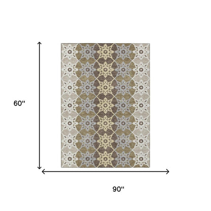 5' X 8' Brown And Pewter Floral Medallion Washable Indoor Outdoor Area Rug HomeRoots