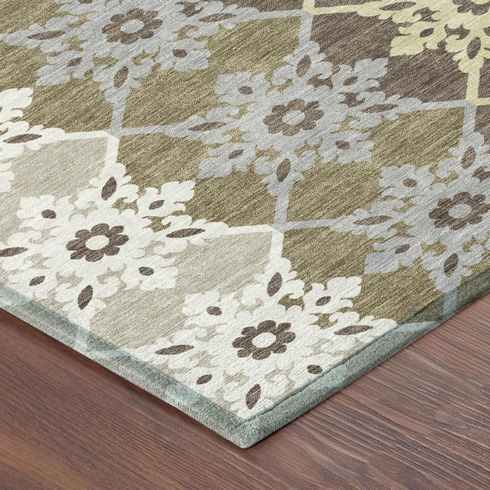 5' X 8' Brown And Pewter Floral Medallion Washable Indoor Outdoor Area Rug — view 2