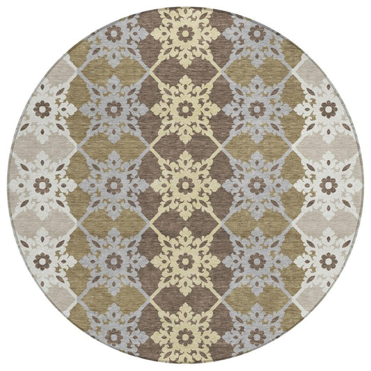 8' Brown And Pewter Round Floral Medallion Washable Indoor Outdoor Area Rug