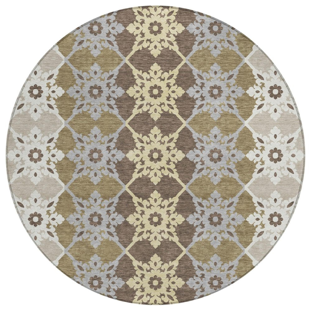 8' Brown And Pewter Round Floral Medallion Washable Indoor Outdoor Area Rug — view 1