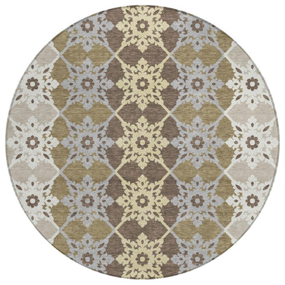 8' Brown And Pewter Round Floral Medallion Washable Indoor Outdoor Area Rug