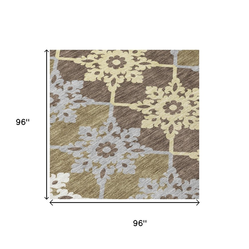 8' Brown And Pewter Round Floral Medallion Washable Indoor Outdoor Area Rug — view 4