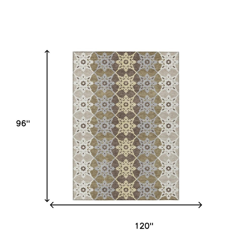 8' X 10' Brown And Pewter Floral Medallion Washable Indoor Outdoor Area Rug