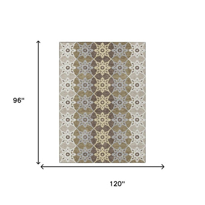 8' X 10' Brown And Pewter Floral Medallion Washable Indoor Outdoor Area Rug