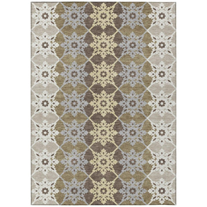 8' X 10' Brown And Pewter Floral Medallion Washable Indoor Outdoor Area Rug