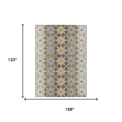 10' X 14' Brown And Pewter Floral Medallion Washable Indoor Outdoor Area Rug HomeRoots