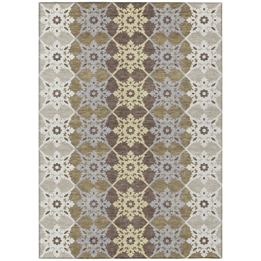 10' X 14' Brown And Pewter Floral Medallion Washable Indoor Outdoor Area Rug — view 1