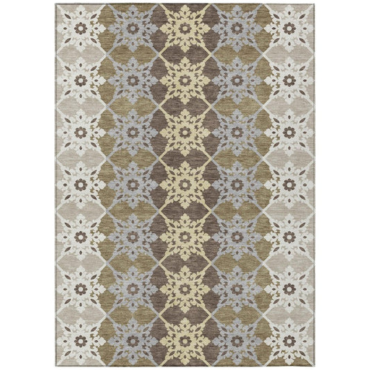 10' X 14' Brown And Pewter Floral Medallion Washable Indoor Outdoor Area Rug