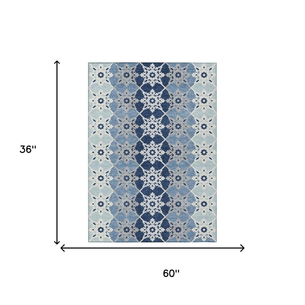 3' X 5' Blue And Pewter Floral Medallion Washable Indoor Outdoor Area Rug HomeRoots