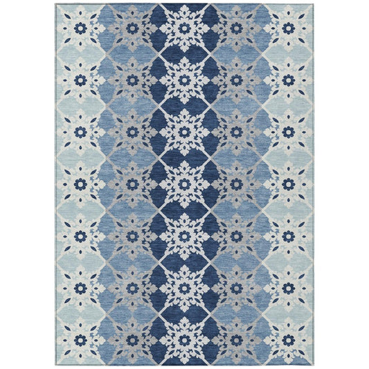 3' X 5' Blue And Pewter Floral Medallion Washable Indoor Outdoor Area Rug