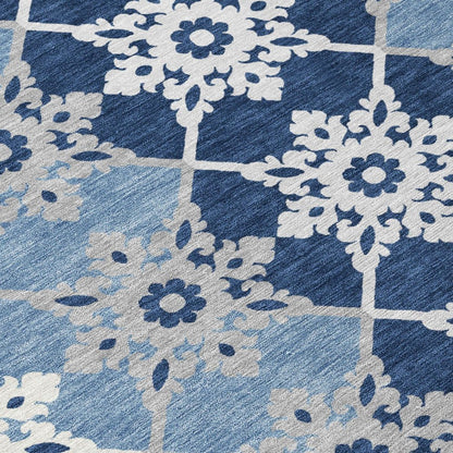 3' X 5' Blue And Pewter Floral Medallion Washable Indoor Outdoor Area Rug HomeRoots