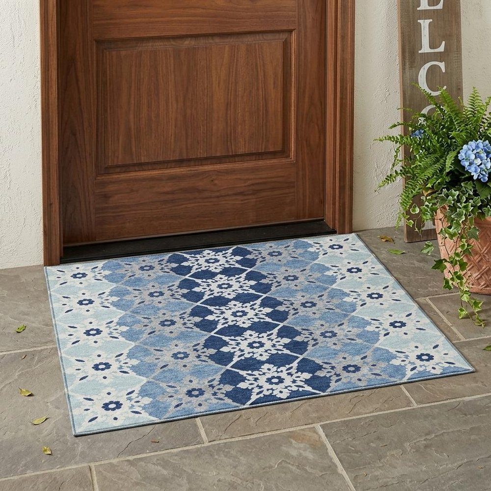 3' X 5' Blue And Pewter Floral Medallion Washable Indoor Outdoor Area Rug HomeRoots