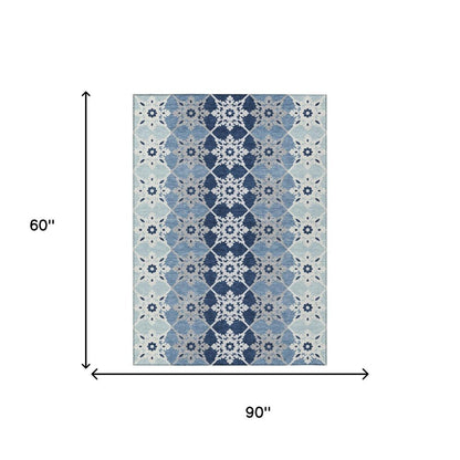 5' X 8' Blue And Pewter Floral Medallion Washable Indoor Outdoor Area Rug HomeRoots