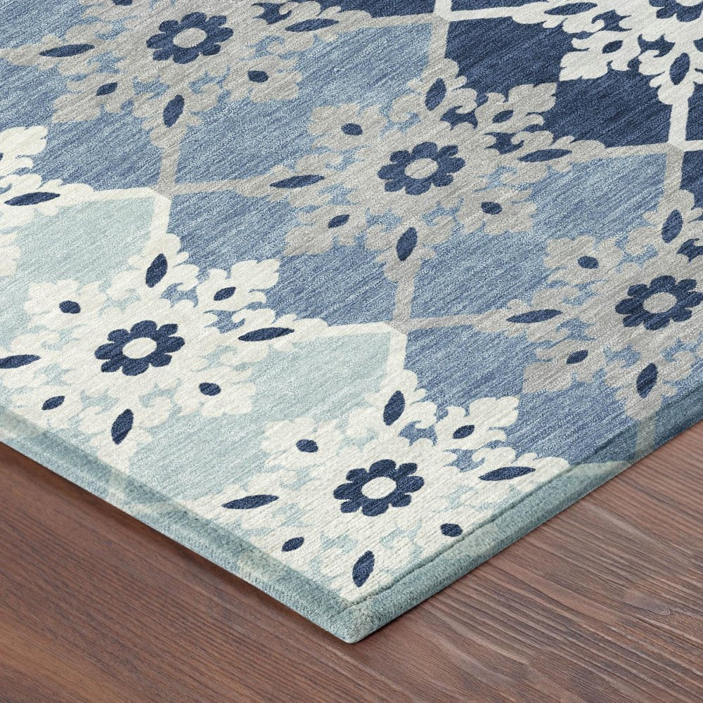 5' X 8' Blue And Pewter Floral Medallion Washable Indoor Outdoor Area Rug — view 2