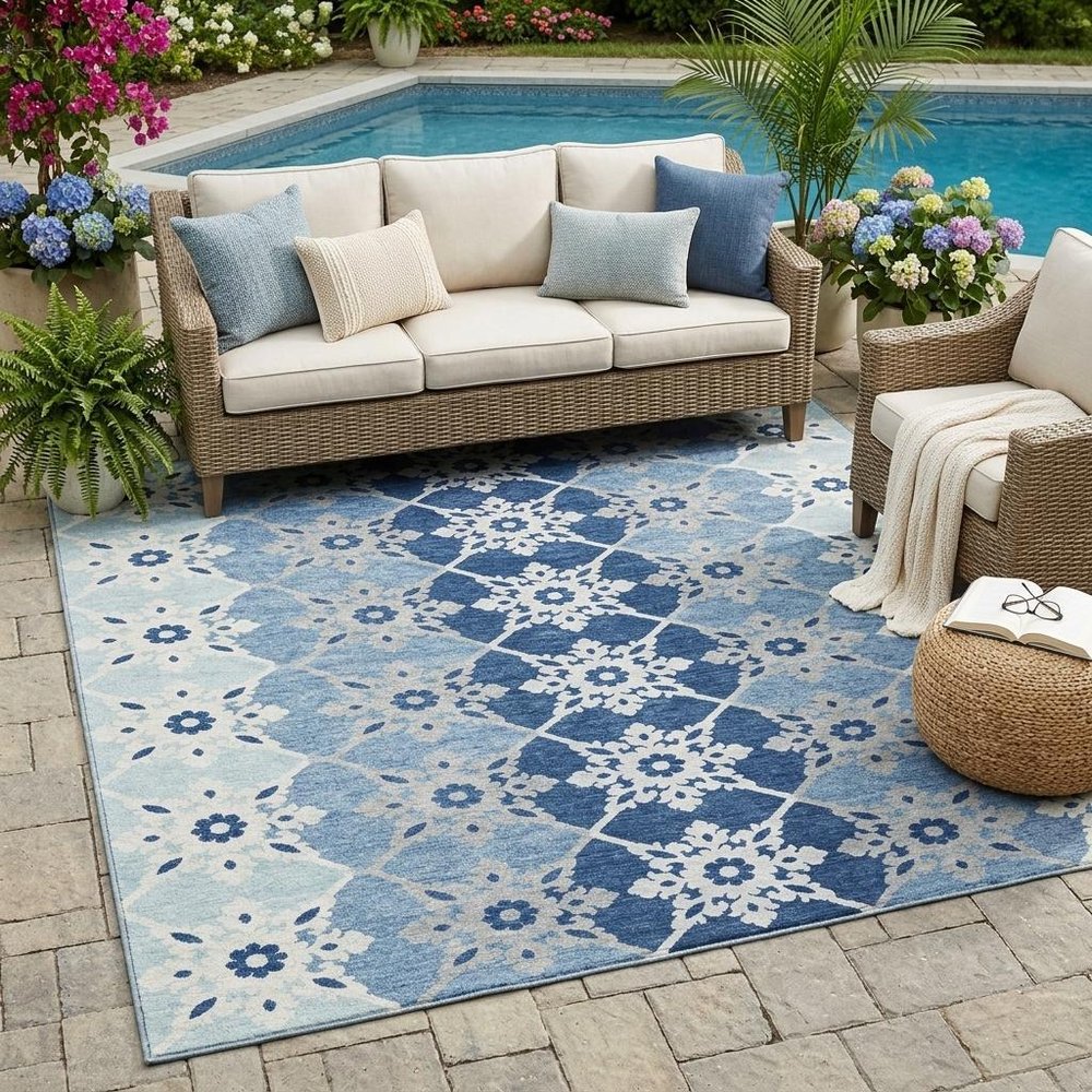 5' X 8' Blue And Pewter Floral Medallion Washable Indoor Outdoor Area Rug HomeRoots