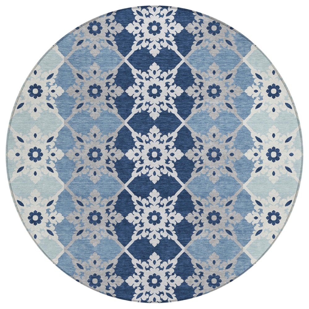 8' Blue And Pewter Round Floral Medallion Washable Indoor Outdoor Area Rug HomeRoots