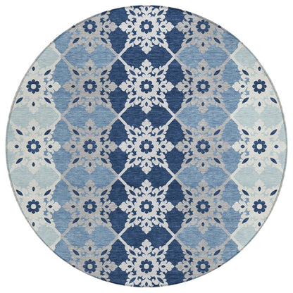 8' Blue And Pewter Round Floral Medallion Washable Indoor Outdoor Area Rug HomeRoots