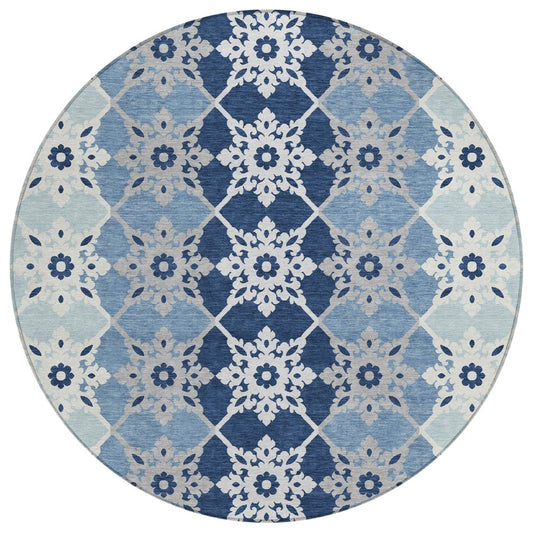 8' Blue And Pewter Round Floral Medallion Washable Indoor Outdoor Area Rug