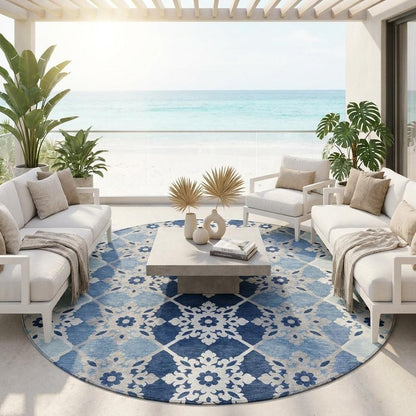 8' Blue And Pewter Round Floral Medallion Washable Indoor Outdoor Area Rug HomeRoots