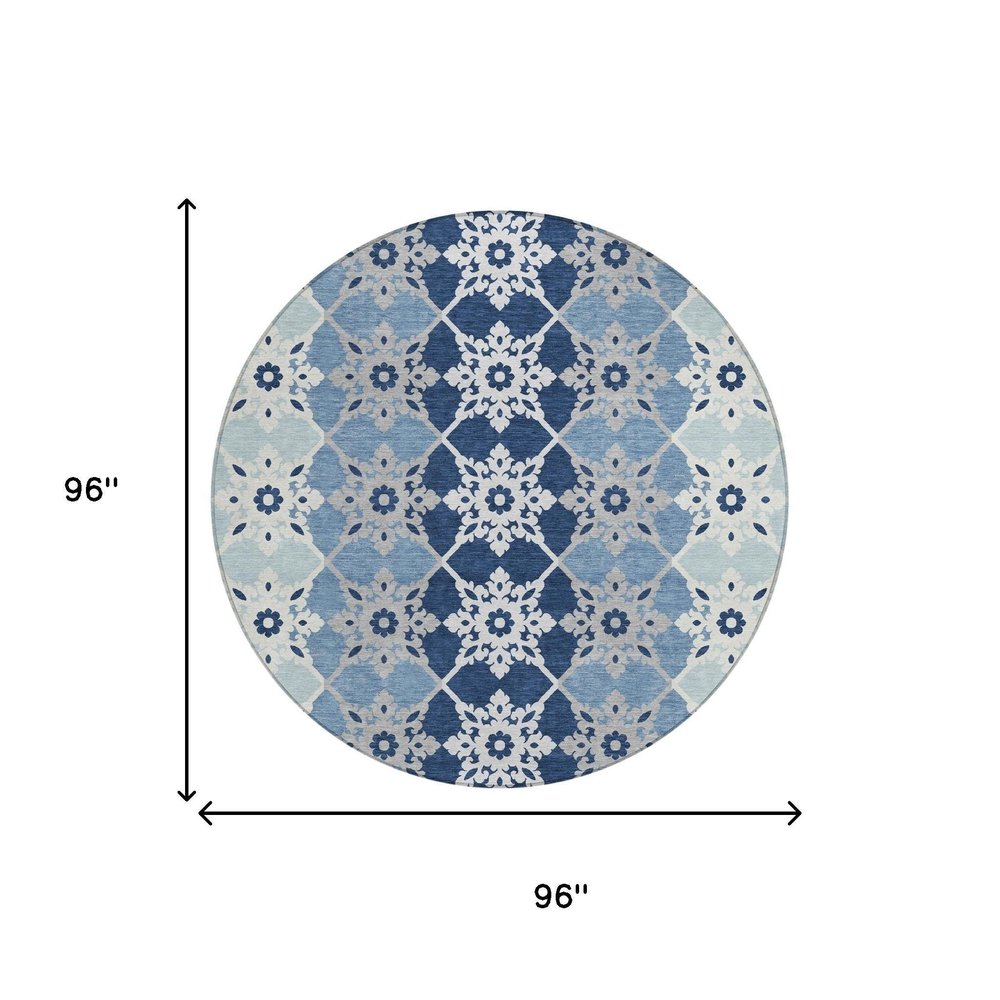 8' Blue And Pewter Round Floral Medallion Washable Indoor Outdoor Area Rug — view 4