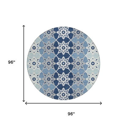 8' Blue And Pewter Round Floral Medallion Washable Indoor Outdoor Area Rug HomeRoots