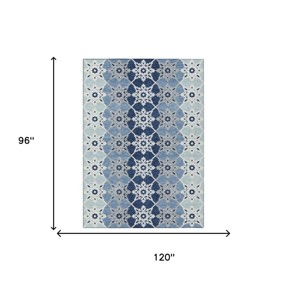 8' X 10' Blue And Pewter Floral Medallion Washable Indoor Outdoor Area Rug HomeRoots