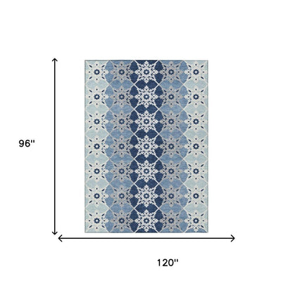8' X 10' Blue And Pewter Floral Medallion Washable Indoor Outdoor Area Rug HomeRoots