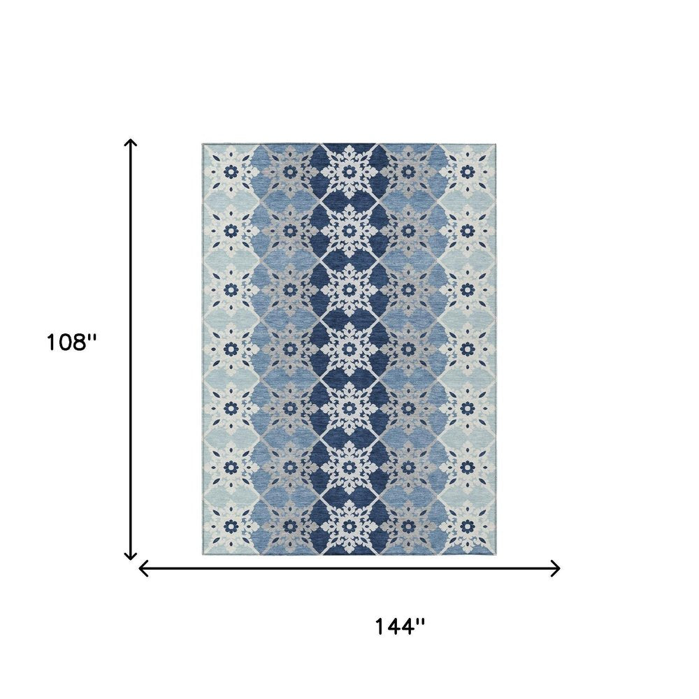 9' X 12' Blue And Pewter Floral Medallion Washable Indoor Outdoor Area Rug HomeRoots