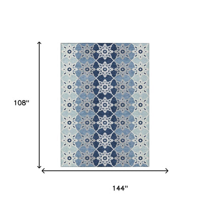 9' X 12' Blue And Pewter Floral Medallion Washable Indoor Outdoor Area Rug HomeRoots
