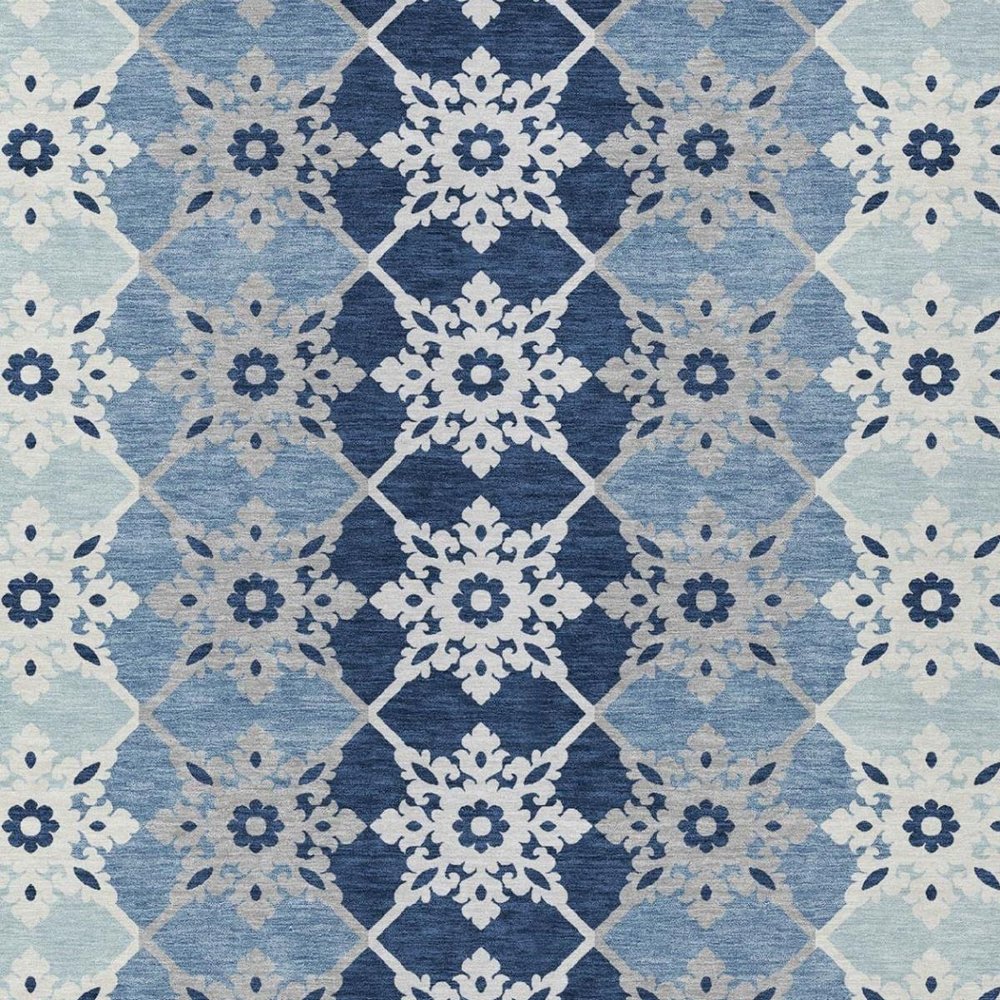 9' X 12' Blue And Pewter Floral Medallion Washable Indoor Outdoor Area Rug — view 6