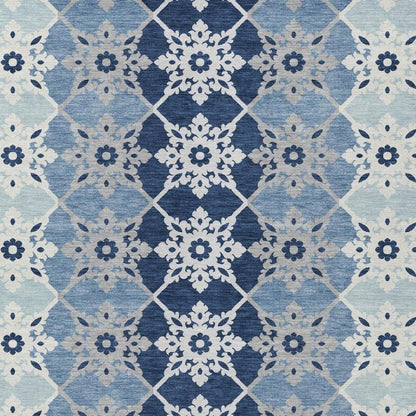 9' X 12' Blue And Pewter Floral Medallion Washable Indoor Outdoor Area Rug