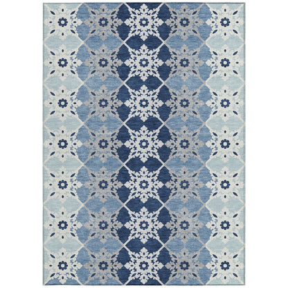 9' X 12' Blue And Pewter Floral Medallion Washable Indoor Outdoor Area Rug
