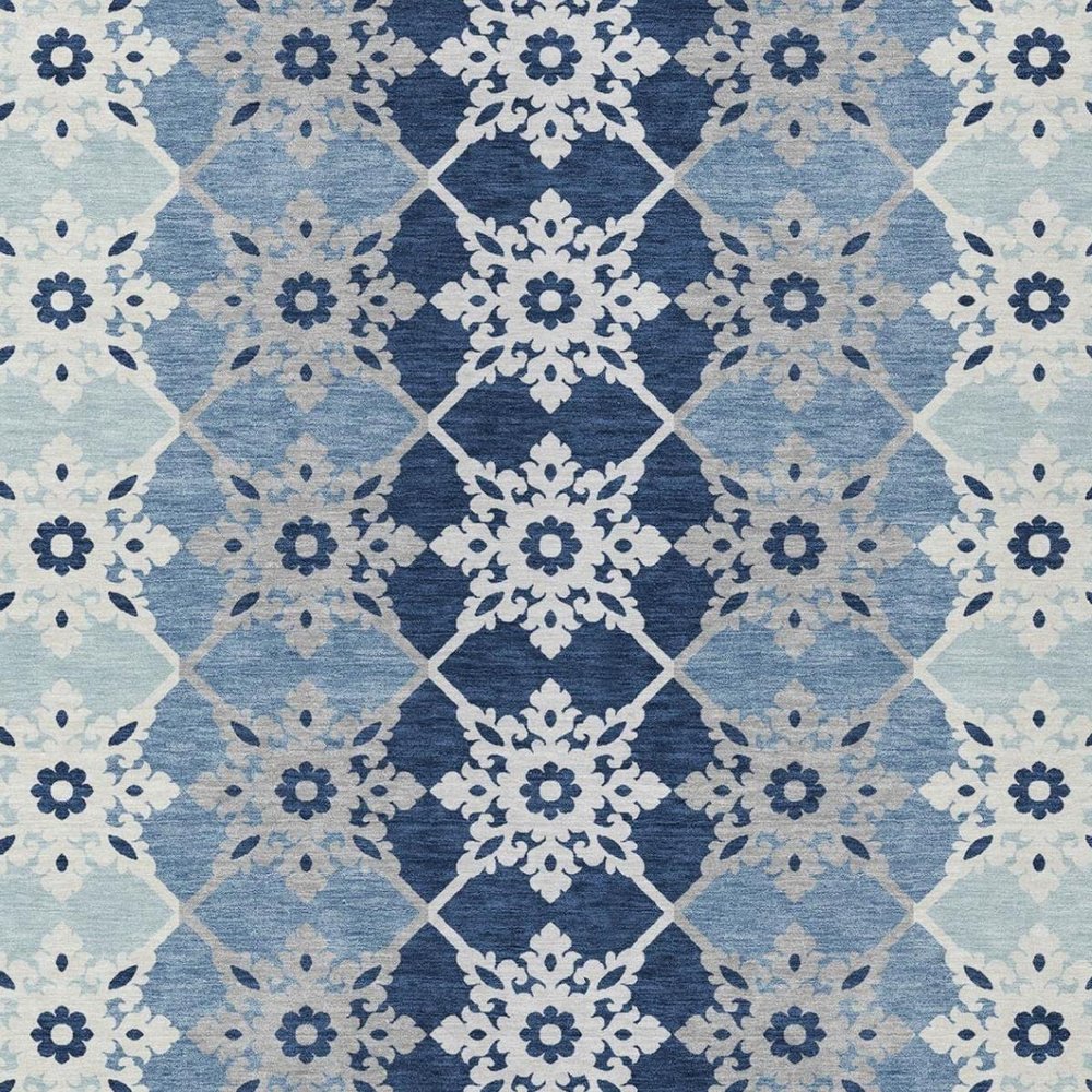 9' X 12' Blue And Pewter Floral Medallion Washable Indoor Outdoor Area Rug — view 8
