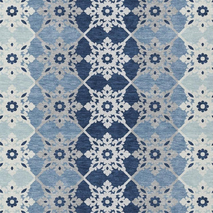 9' X 12' Blue And Pewter Floral Medallion Washable Indoor Outdoor Area Rug