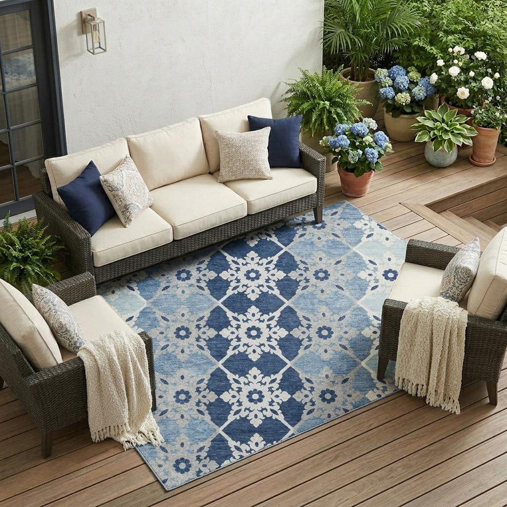 9' X 12' Blue And Pewter Floral Medallion Washable Indoor Outdoor Area Rug HomeRoots